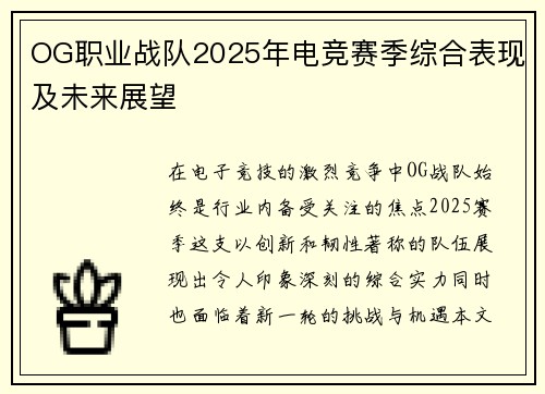 OG职业战队2025年电竞赛季综合表现及未来展望